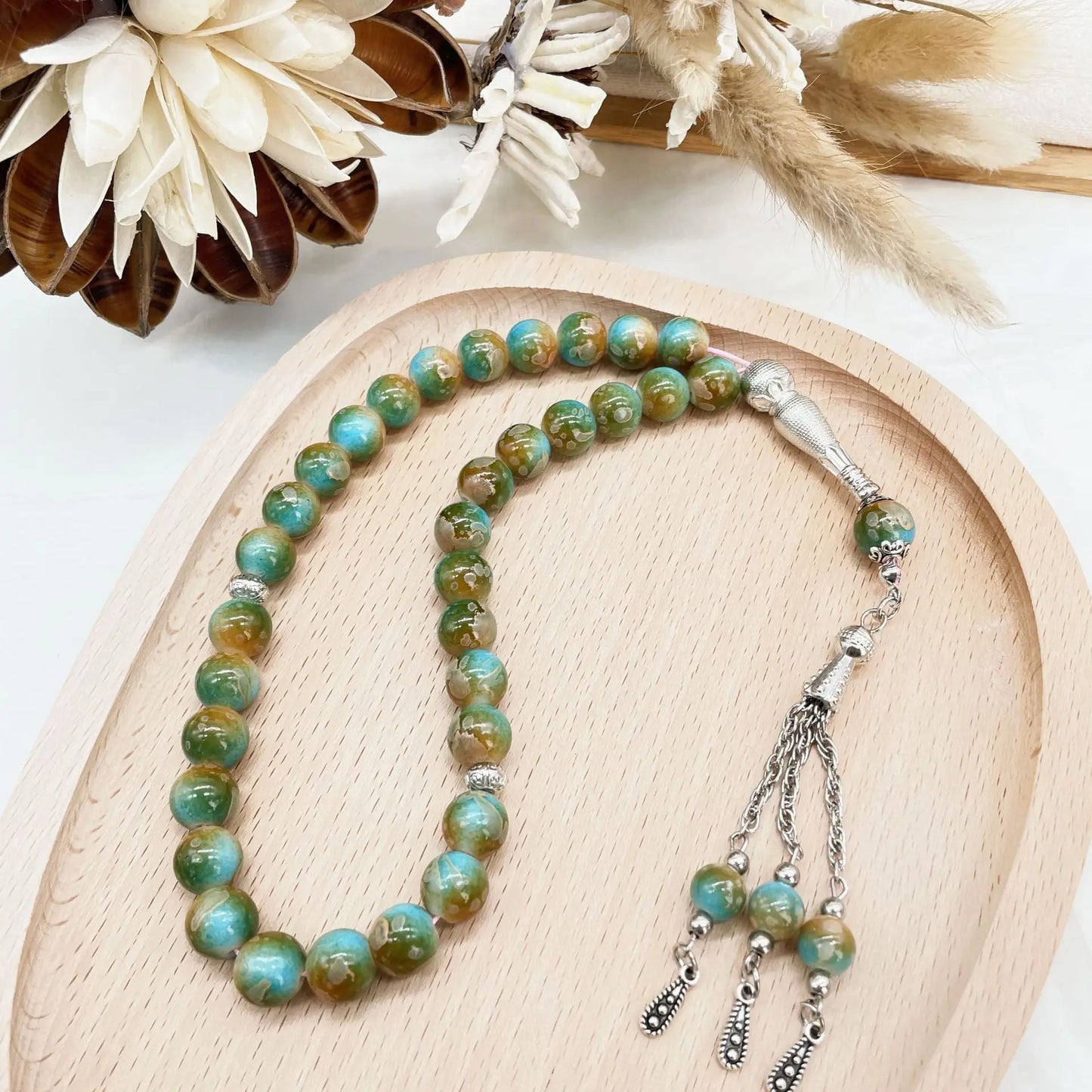 Colorful Islamic Prayer Beads with Metallic Tassel, Muslim Glass Tasbih Bracelet for Ramadan Valentine's Thanksgiving Gift Idea