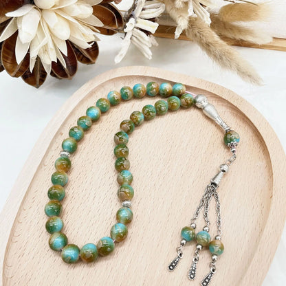 Colorful Islamic Prayer Beads with Metallic Tassel, Muslim Glass Tasbih Bracelet for Ramadan Valentine's Thanksgiving Gift Idea