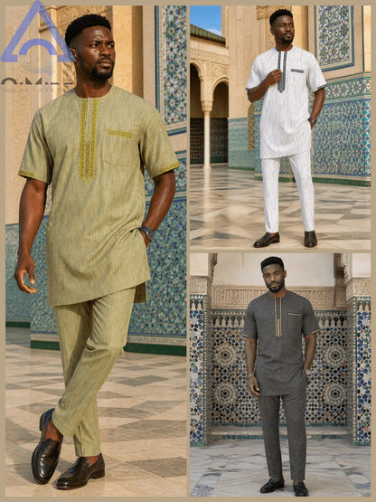 QiMing Men's Cotton Muslim Wedding Clothing Two-Piece White Boubou with Embroidery And Stripe Caftan Moroccan Modest Prayerwear