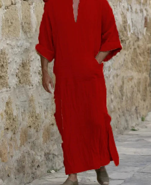 2026 New Muslim Robe Solid Color Retro Arab Islamic Clothing Men Dress Casual Cotton Linen Long Kaftan Middle East Caftan Abayas