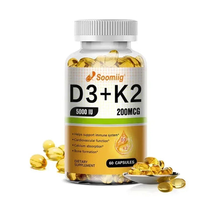 Vitamin D3 5000IU and 200 Mcg Vitamin K2 (MK-7) Capsules for Calcium Absorption, Bone Regeneration, Immune Support, Easy To Melt