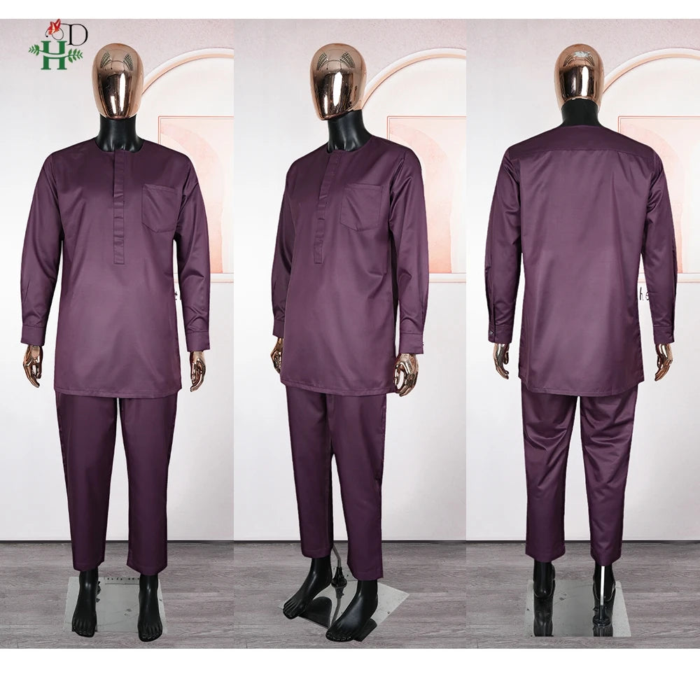 H&D Men Casual Loose Kaftan Muslim Thobe Jubba Dishdasha Thawb Dress 3PCS Agbada Set Arab Purple Color Embroidered Robe New 2026