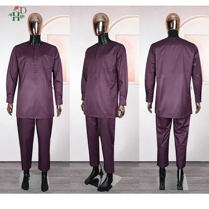 H&D Men Casual Loose Kaftan Muslim Thobe Jubba Dishdasha Thawb Dress 3PCS Agbada Set Arab Purple Color Embroidered Robe New 2026