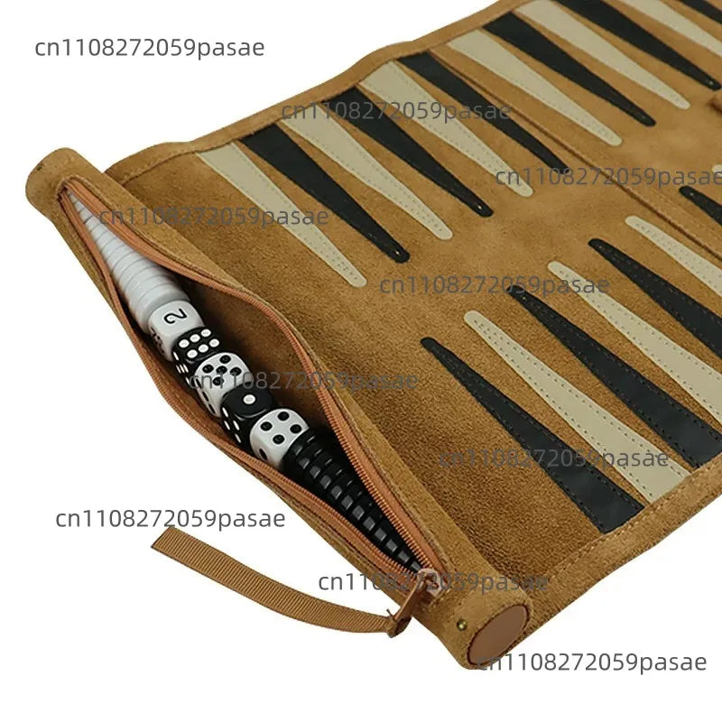 Portable Backgammon Chess Set Roll Up Storage Suede Case with Black White Pieces Travel Board Game