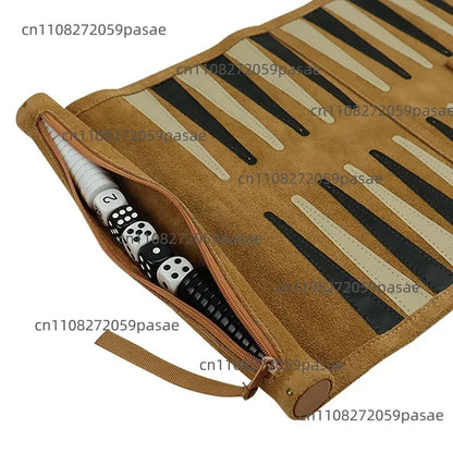 Portable Backgammon Chess Set Roll Up Storage Suede Case with Black White Pieces Travel Board Game
