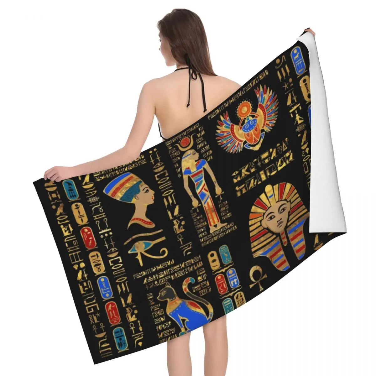 Tutankhamun Hieroglyphic Beach Towel – Quick-Dry Egyptian Pharaoh Bath Towel