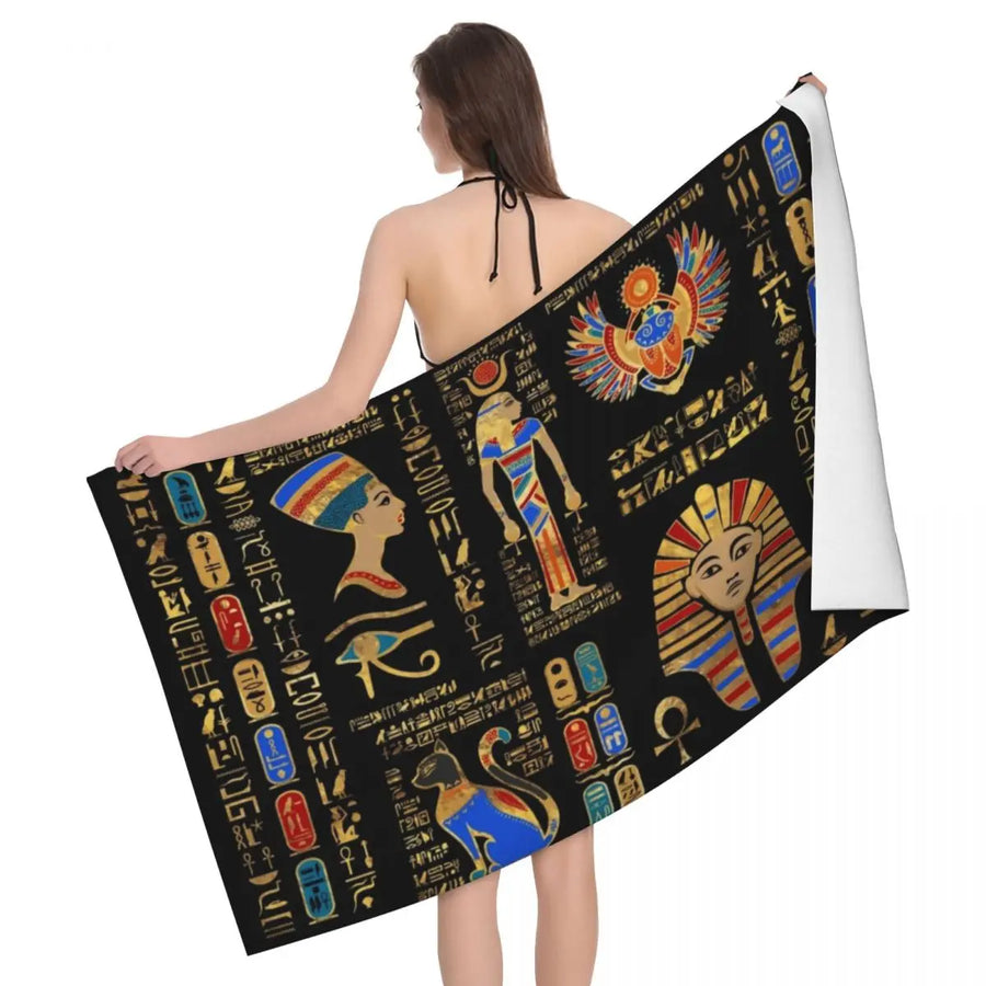 Tutankhamun Hieroglyphic Beach Towel – Quick-Dry Egyptian Pharaoh Bath Towel