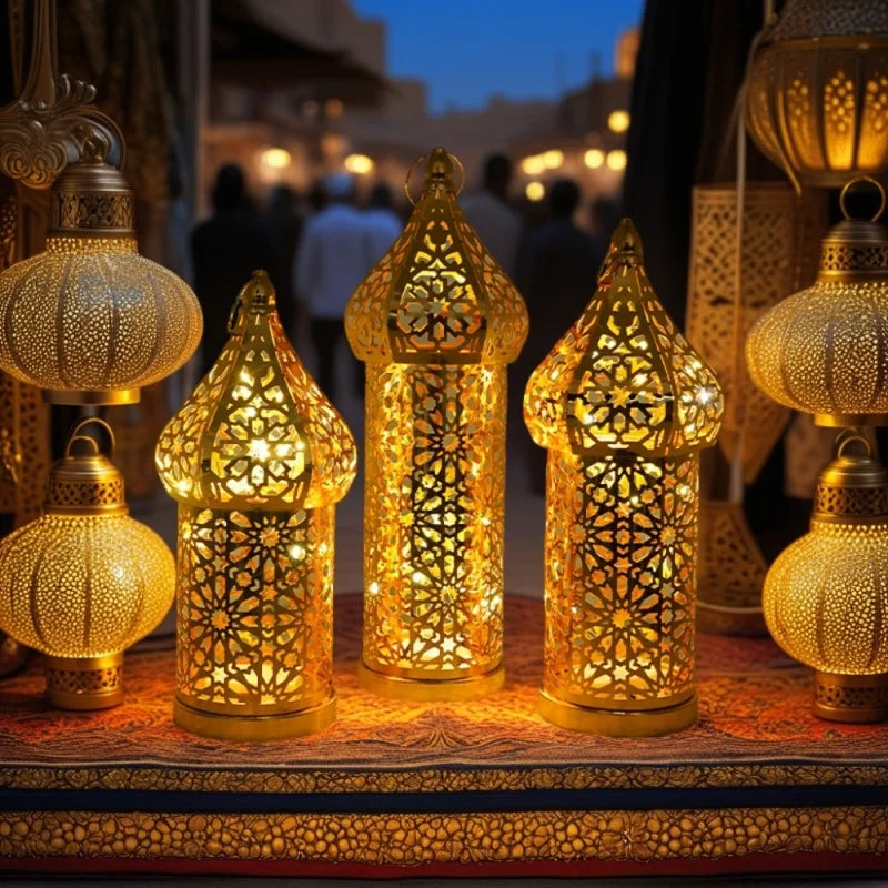 Morocco Festival Lights Metal LED Wind Lantern Ramadan Decorations for Home DIY Hanging Ornaments Muslim Islam Party Decor Gifts