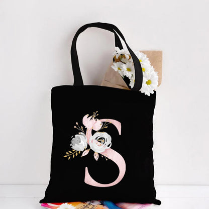 Her Letter, Her Bloom – Personalized Floral Initial Canvas Tote