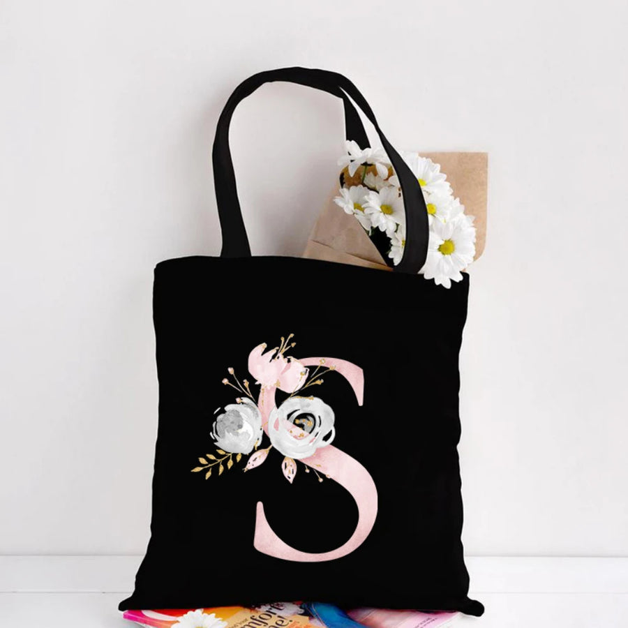 Her Letter, Her Bloom – Personalized Floral Initial Canvas Tote