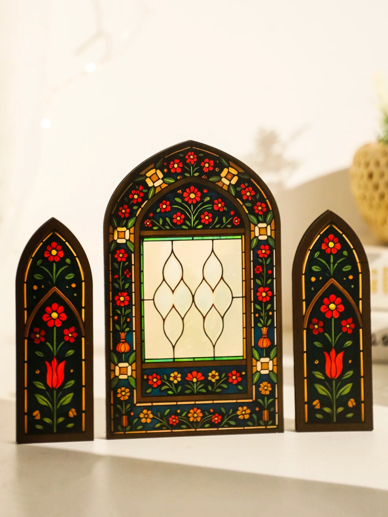 3Pcs/Set Islamic Geometric Arch Decor Golden & Floral Acrylic Table Ornaments Wooden Festive Home Decor for Ramadan & Eid Gifts