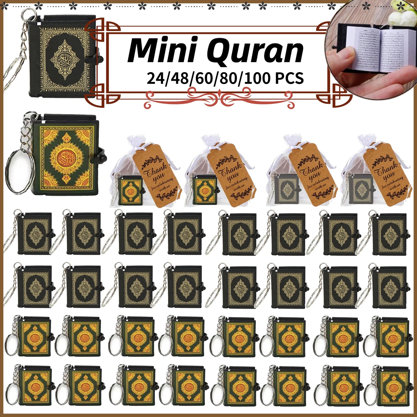 100-24PCS Mini Quran Keychain Book Muslim Islamic Key Chain for Religious Souvenir Gifts RamadanBag Purse Handbag Ornament