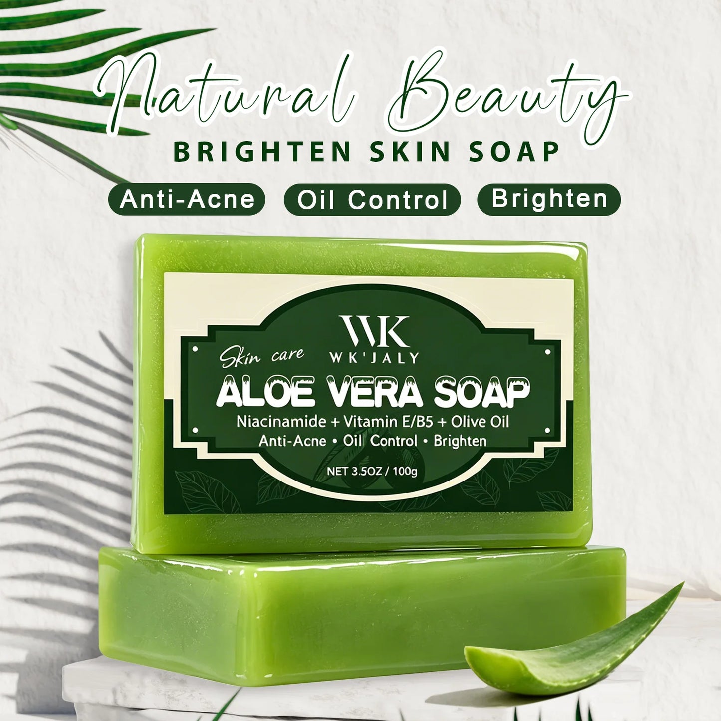 WK Natural Aloe Vera Soap, Clean Skin, Anti Acne, Oil Control, Brighten, With Niacinamide, Vitamin E, Olive Oil, For Face, Body