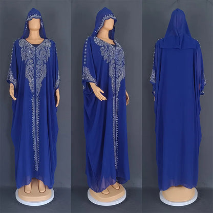 Beading Chiffon Maxi Dress Caftan Abaya Dubai Luxury Muslim Women Clothing Hijabs Femme Plus Size Hooded Long Dresses African