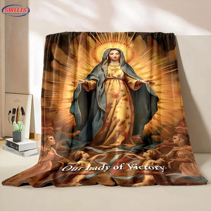 6 Size Merciful Virgin Mary Flannel Art Blanket, Home Sofa Office Nap Blanket for Four Seasons, Machine Washable Flannel Blanket