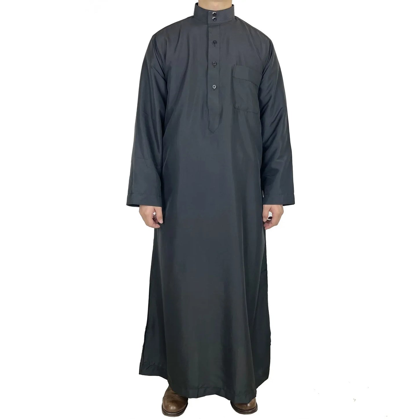 Polyester men's long robe, Qatar style stand collar robe, pocket design, Arabian and Middle Eastern men's clothing, available in