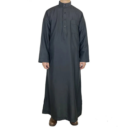 Polyester men's long robe, Qatar style stand collar robe, pocket design, Arabian and Middle Eastern men's clothing, available in