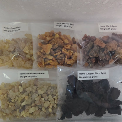Resin Incense, Natural Tree Gum Sap -5x50g Variety Pack Including Frankincense and Myrrh Copal Benzoin Dragon's Blood