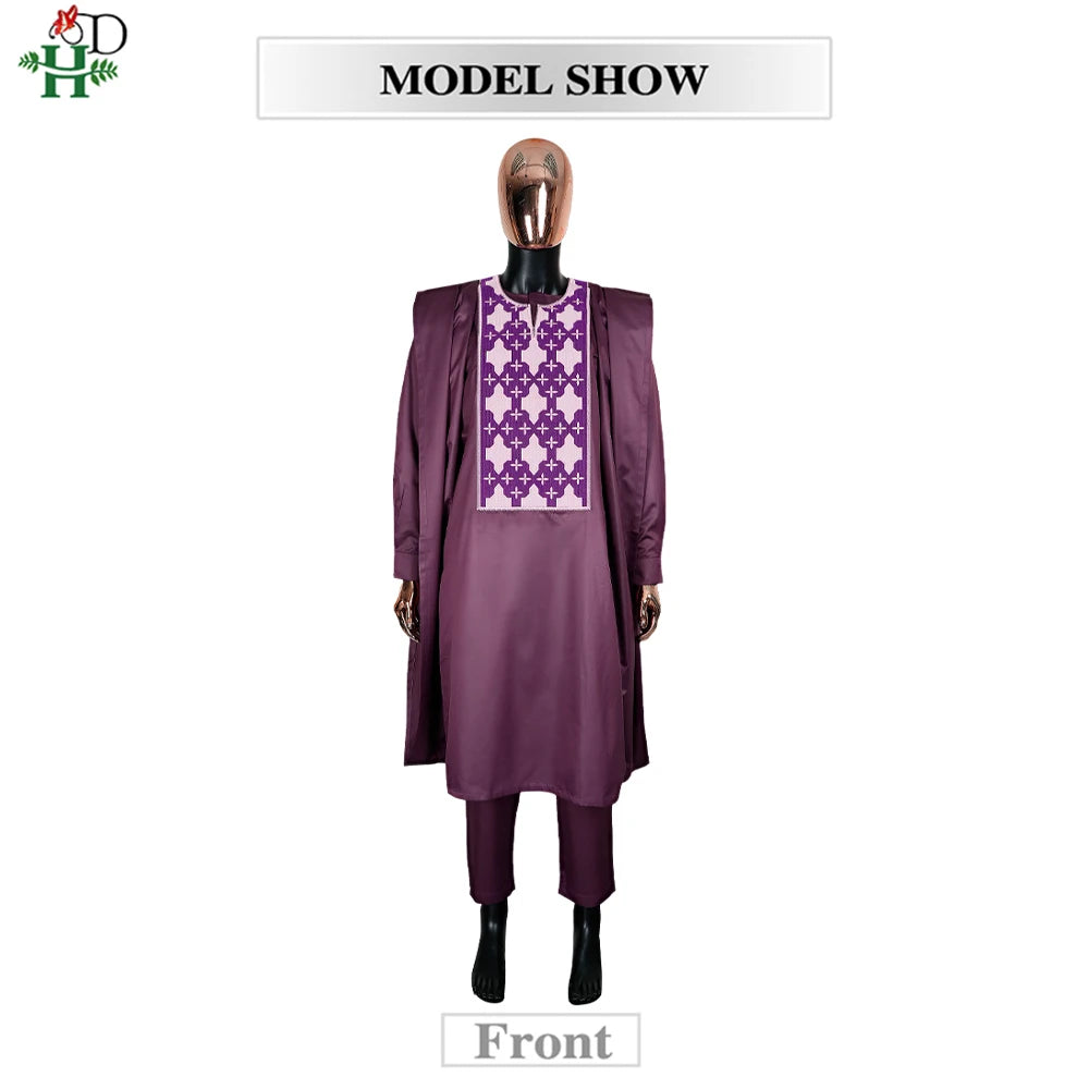 H&D Men Casual Loose Kaftan Muslim Thobe Jubba Dishdasha Thawb Dress 3PCS Agbada Set Arab Purple Color Embroidered Robe New 2026