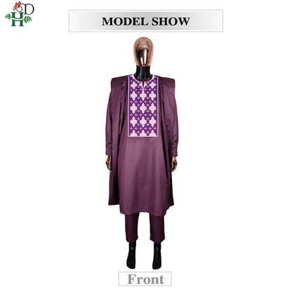 H&D Men Casual Loose Kaftan Muslim Thobe Jubba Dishdasha Thawb Dress 3PCS Agbada Set Arab Purple Color Embroidered Robe New 2026