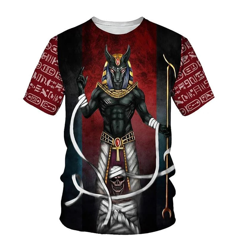 Golden Pharaoh & Anubis T-Shirt – Men's Egyptian Print O-Neck Short Sleeve Tee