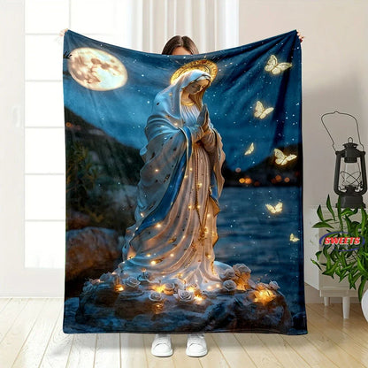 6 Size Merciful Virgin Mary Flannel Art Blanket, Home Sofa Office Nap Blanket for Four Seasons, Machine Washable Flannel Blanket