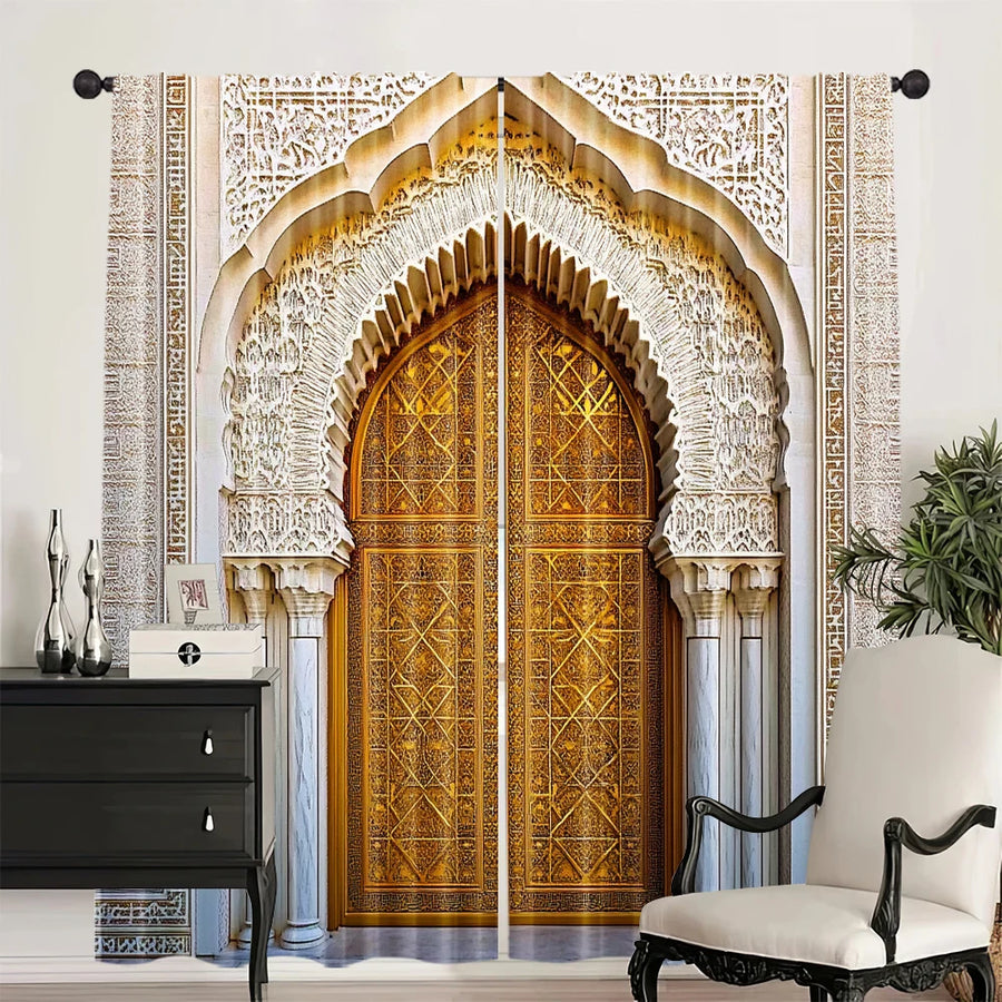 Moroccan Palace Gate Curtains – 2-Piece Spring/Summer Drape, Middle Eastern Architecture Print