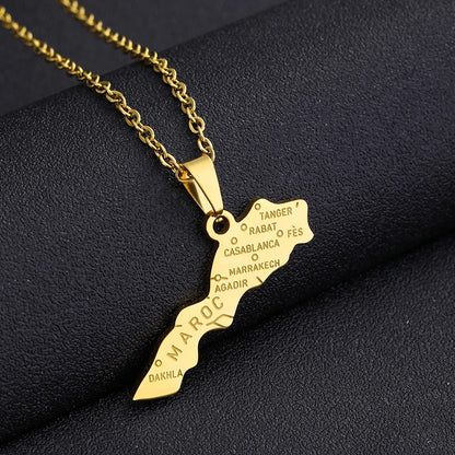 Morocco Map & Cities Pendant – Stainless Steel Necklace, Gold & Silver Color