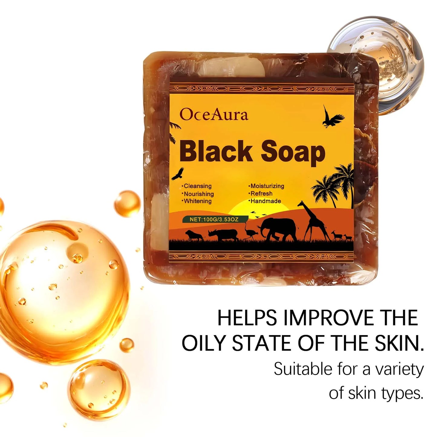 OceAura Lightening Black Soap Oil Control Pore Shrinking Moisturizing Skin Handmade Organic Cocoa Butter Body Cleaning Soap Bar