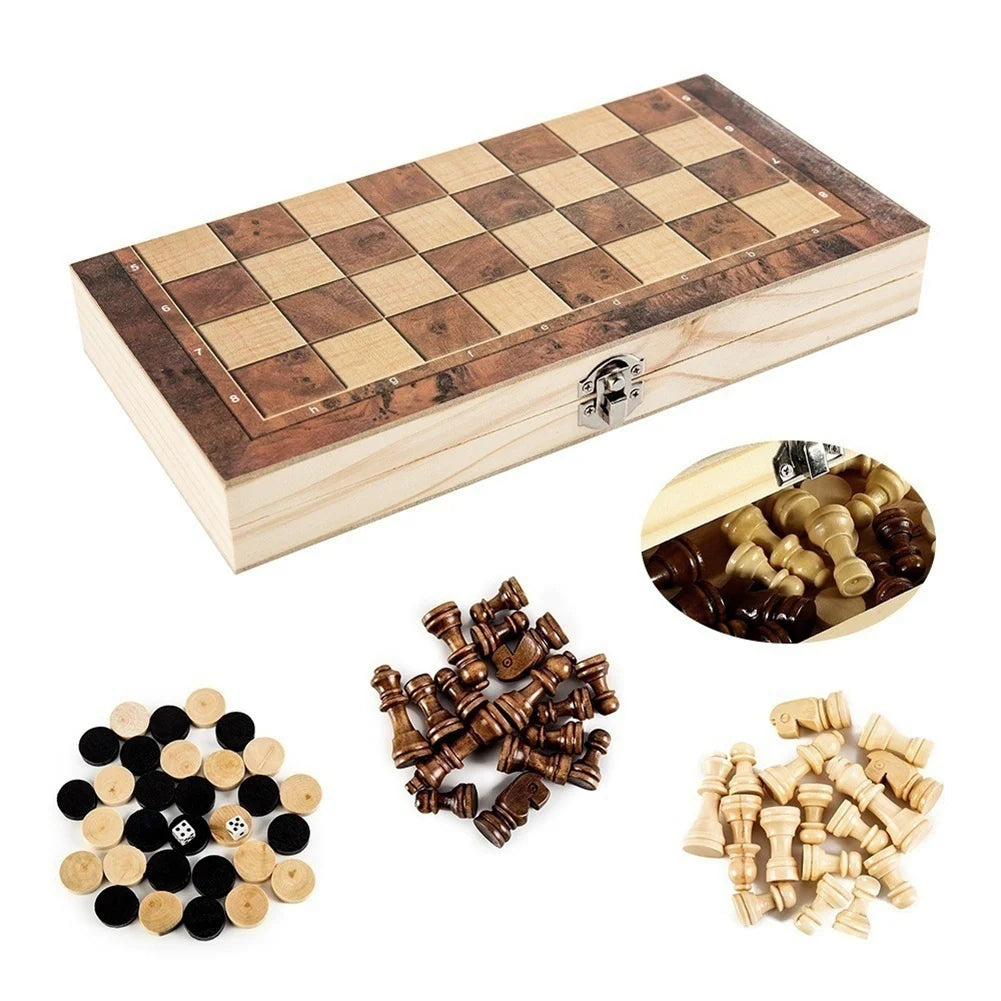 RTENTE-Wooden Foldable 3 In 1 Chess Backgammon Wooden Board Folding Board Game