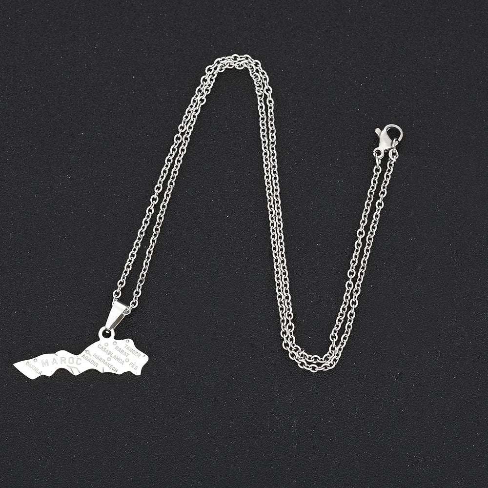 Morocco Map & Cities Pendant – Stainless Steel Necklace, Gold & Silver Color