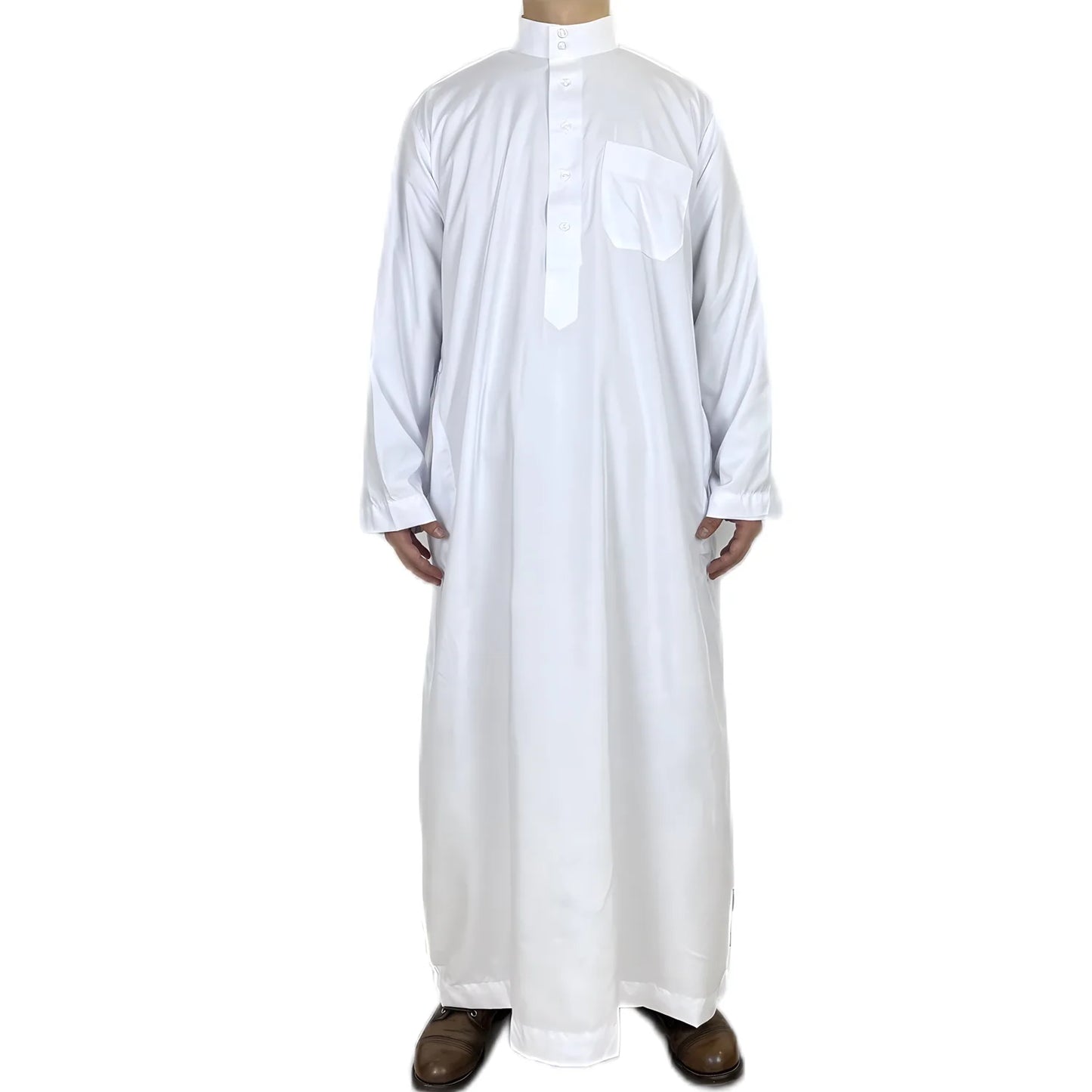 Polyester men's long robe, Qatar style stand collar robe, pocket design, Arabian and Middle Eastern men's clothing, available in