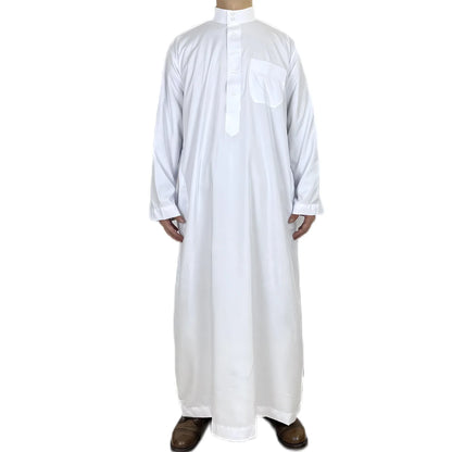 Polyester men's long robe, Qatar style stand collar robe, pocket design, Arabian and Middle Eastern men's clothing, available in