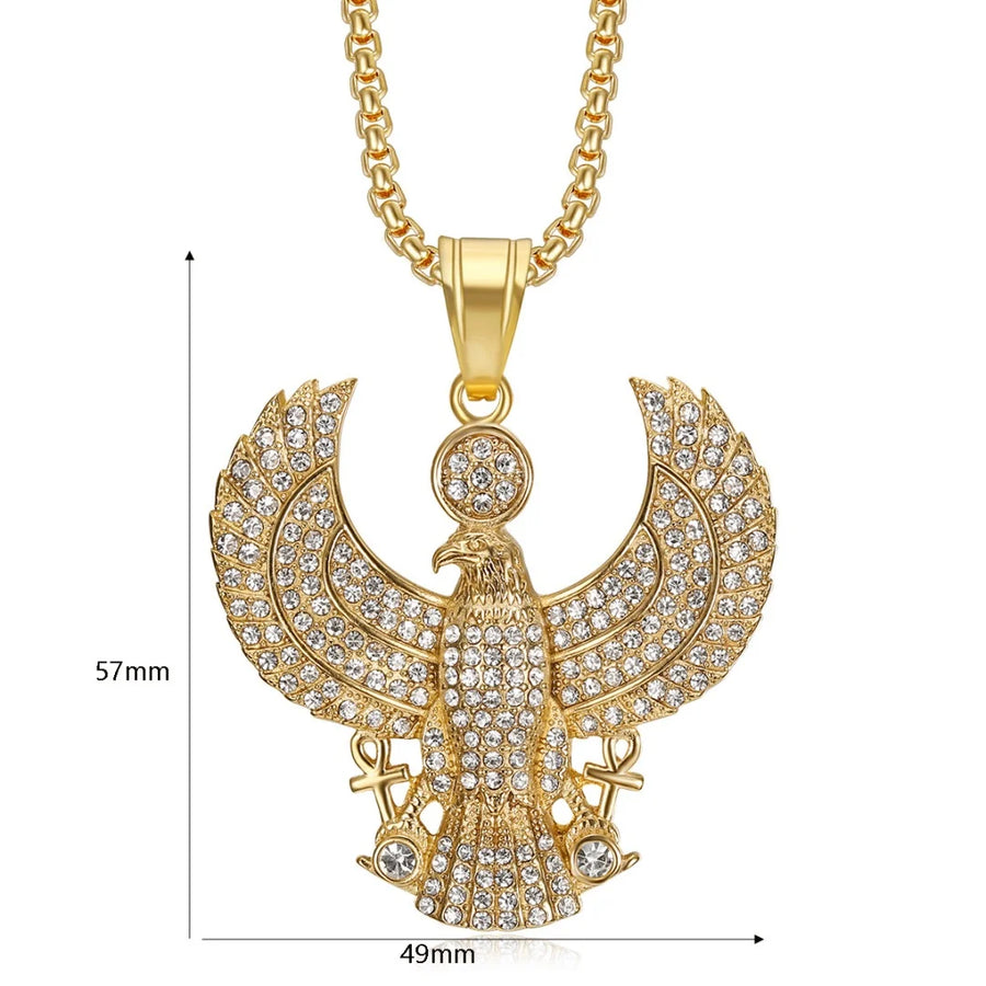 Iced Out Egyptian Ankh & Eagle Pendant – Stainless Steel Pharaoh Necklace for Men & Women