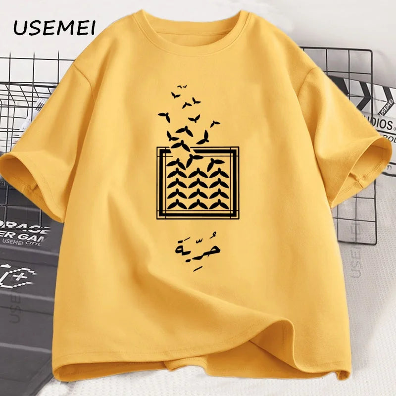 Freedom Dove of Peace T-shirt Arabic Birds T Shirt Men Women Cotton Round Neck Short Sleeve Tshirt Loose High Quality Clothes