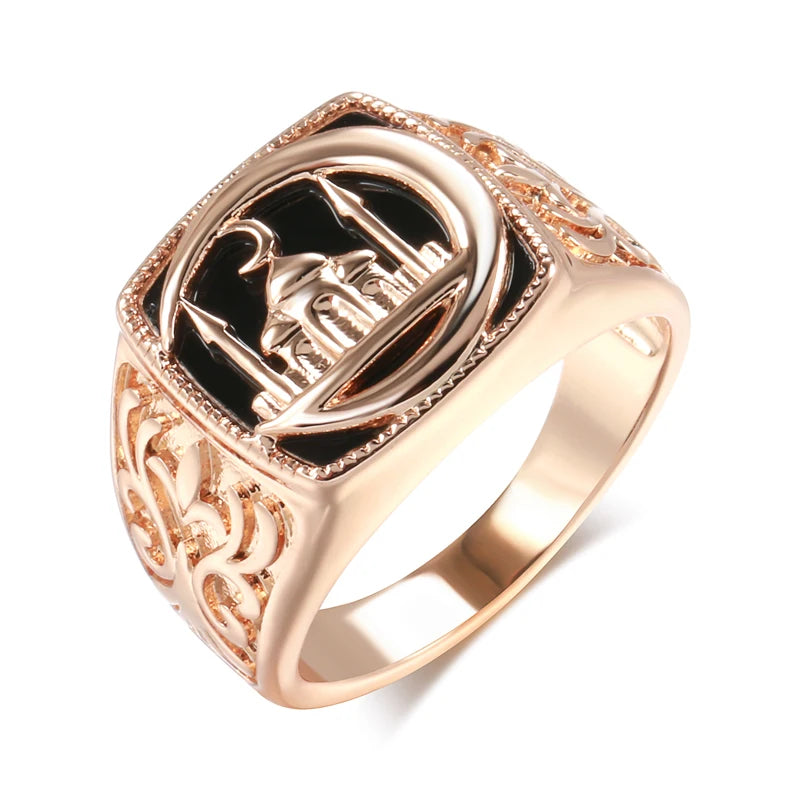 SYOUJYO Black Signet Men's Ring With 585 Rose Gold Color Castle Pattern Exquisite Carving Big Size Easy-Matching Daily Jewelry