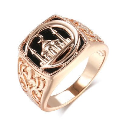 SYOUJYO Black Signet Men's Ring With 585 Rose Gold Color Castle Pattern Exquisite Carving Big Size Easy-Matching Daily Jewelry