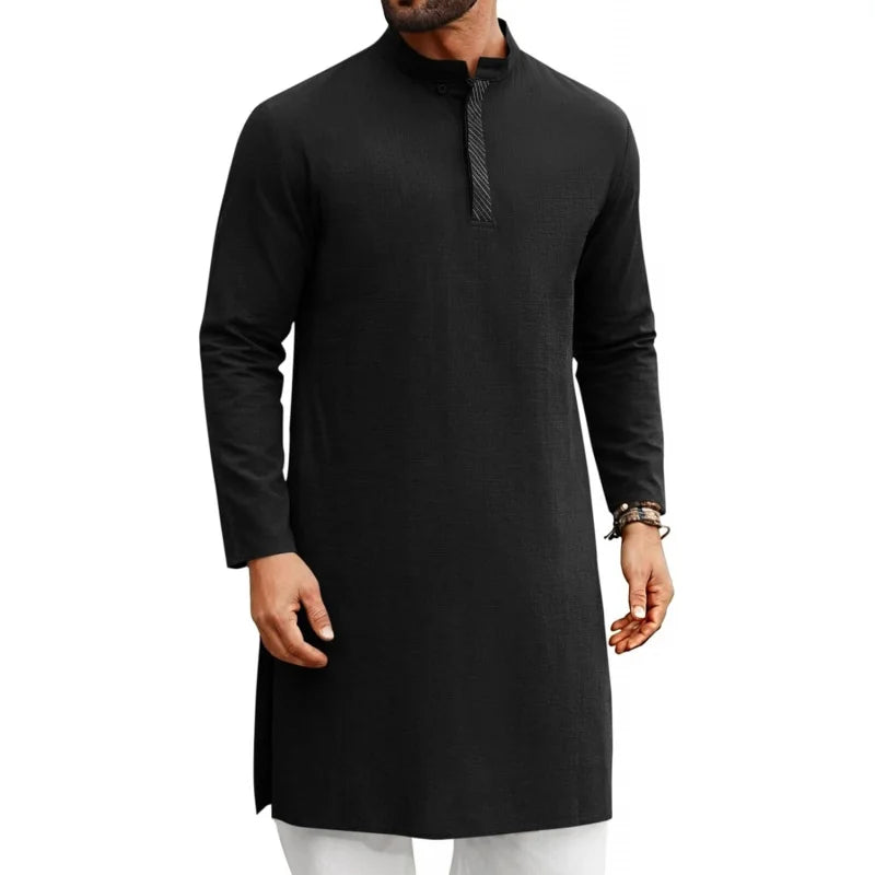 Mens Kaftan Thobe Long Sleeve Casual Henley Shirts Button Down Kurta Cotton Linen Muslim Gown Robe