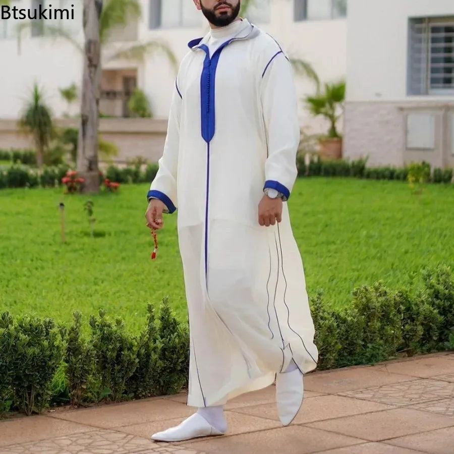 New Muslim Jubba Thobe Clothes Men Hoodie Ramadan Spring Autumn Abaya Dubai Turkey Islamic Clothing Male Casual Loose Red Stripe