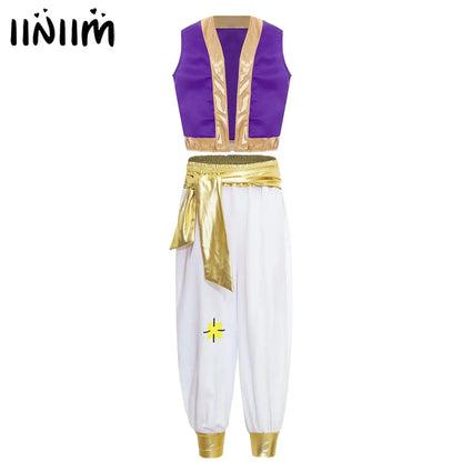 Boys Arabian Aladin Prince Cosplay Party Costume Oriental Indian King Roleplay Dress Up Outfits Loose Vest And Pants Set