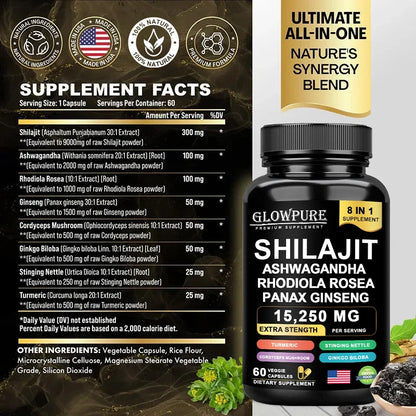 Shilajit 8-in-1 Supplement with Ginseng & Ashwagandha Supports Brain Memory Energy Immunity Focus Vitality 30/60 Capsules