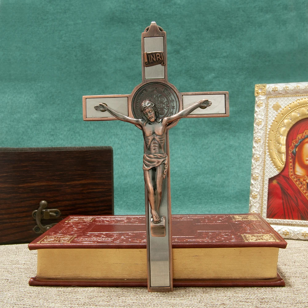 HTISOK Catholic Cross Zinc Alloy Crucifix with St. Benedict Medal & INRI, 6.9" Gift-Boxed Religious Wall Decor for Home Altar