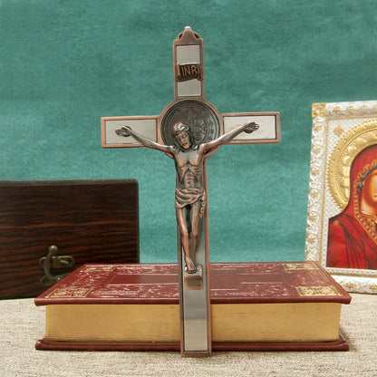HTISOK Catholic Cross Zinc Alloy Crucifix with St. Benedict Medal & INRI, 6.9" Gift-Boxed Religious Wall Decor for Home Altar