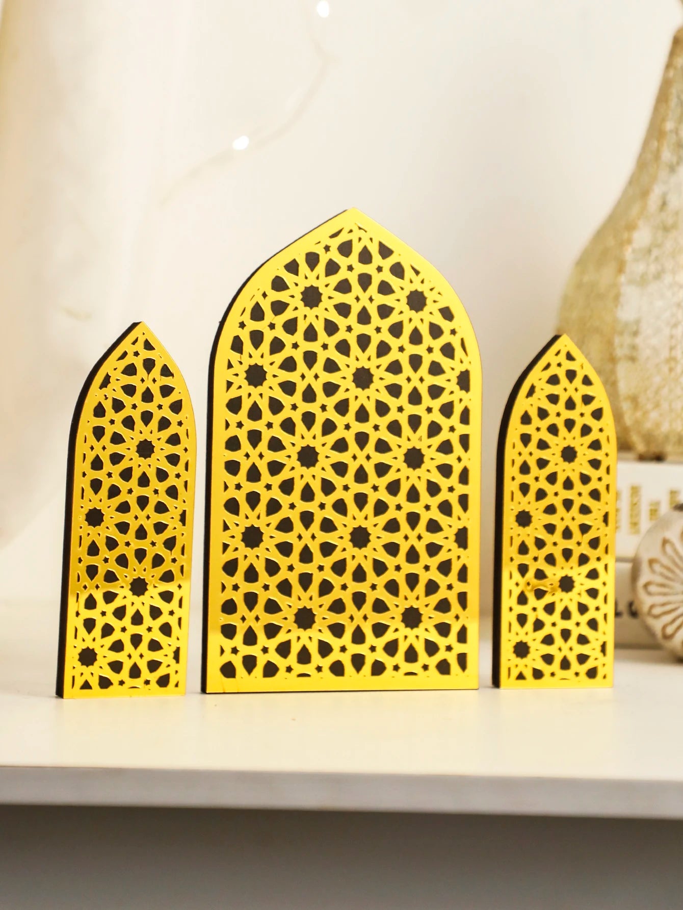 3Pcs/Set Islamic Geometric Arch Decor Golden & Floral Acrylic Table Ornaments Wooden Festive Home Decor for Ramadan & Eid Gifts