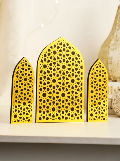 3Pcs/Set Islamic Geometric Arch Decor Golden & Floral Acrylic Table Ornaments Wooden Festive Home Decor for Ramadan & Eid Gifts