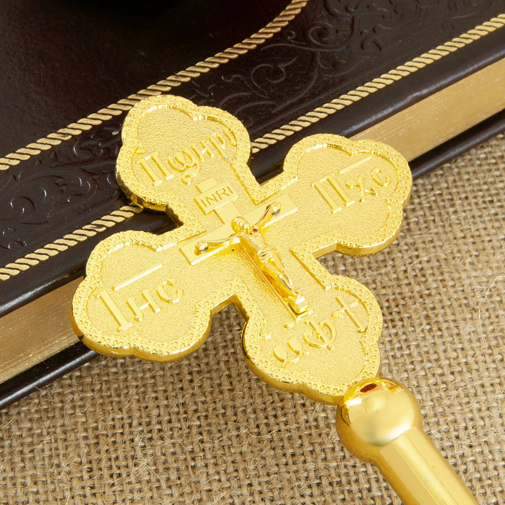 HTISOK Orthodox Cross Gold Plated Jesus Crucifix Statue with Crystals for Worship Prayer Church Home Table Decor Orthodox Cross