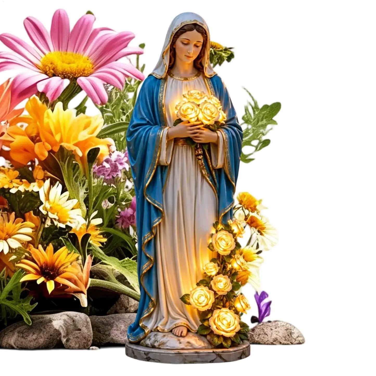 Mary Garden Statue Outdoor Christian Statue Blessed Mother Garden Light Statue with Glowing Rose Usb Lamp For Lawn Patio Porch