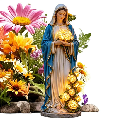 Mary Garden Statue Outdoor Christian Statue Blessed Mother Garden Light Statue with Glowing Rose Usb Lamp For Lawn Patio Porch