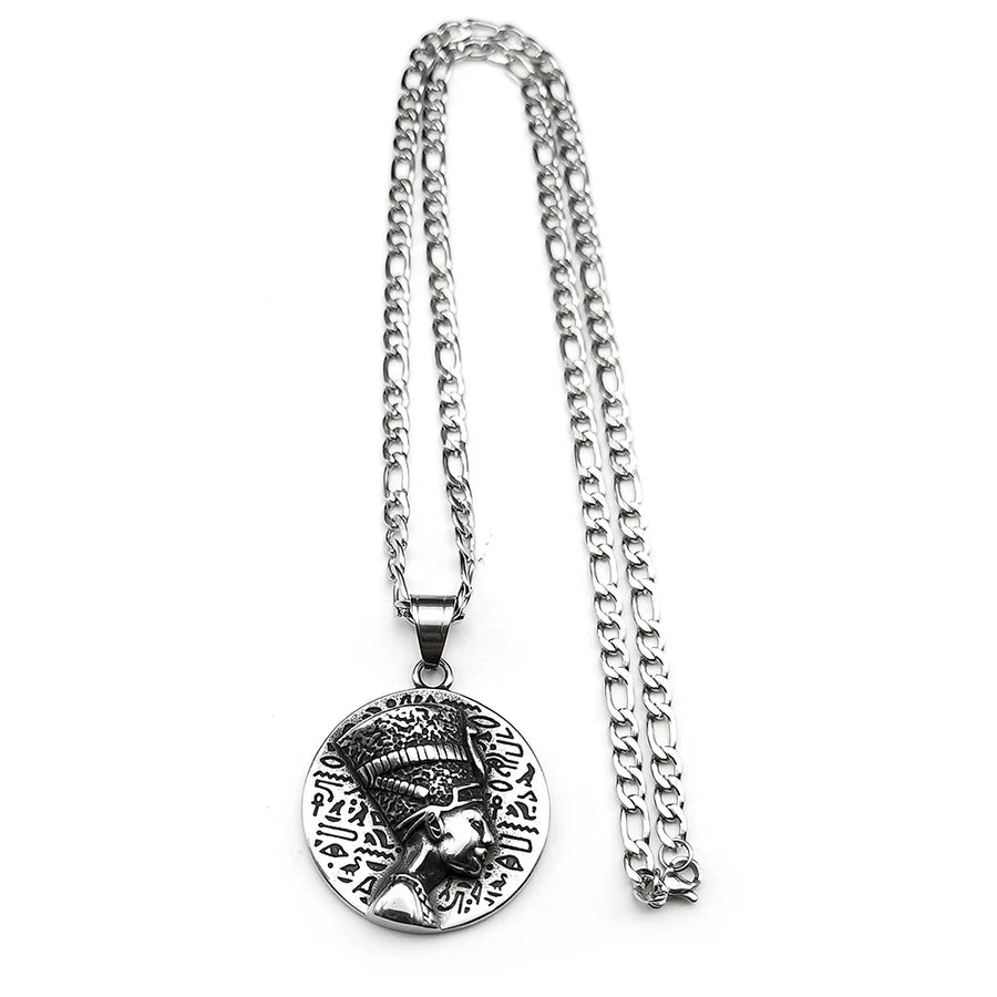 Nefertiti & Ankh Pendant – Titanium Steel Egyptian Cultural Symbol Necklace