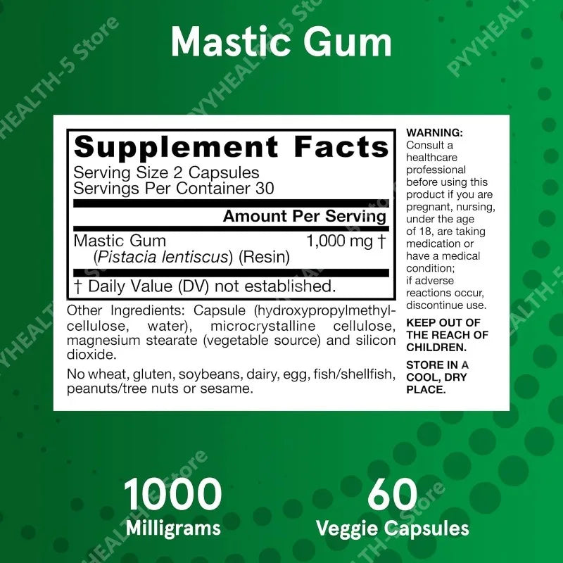 Mastic Gum 1000 mg, 60 Veggie Caps, Digestive Tract Support for Stomach and Duodenal Health, 30 Servings Dietary Supplement
